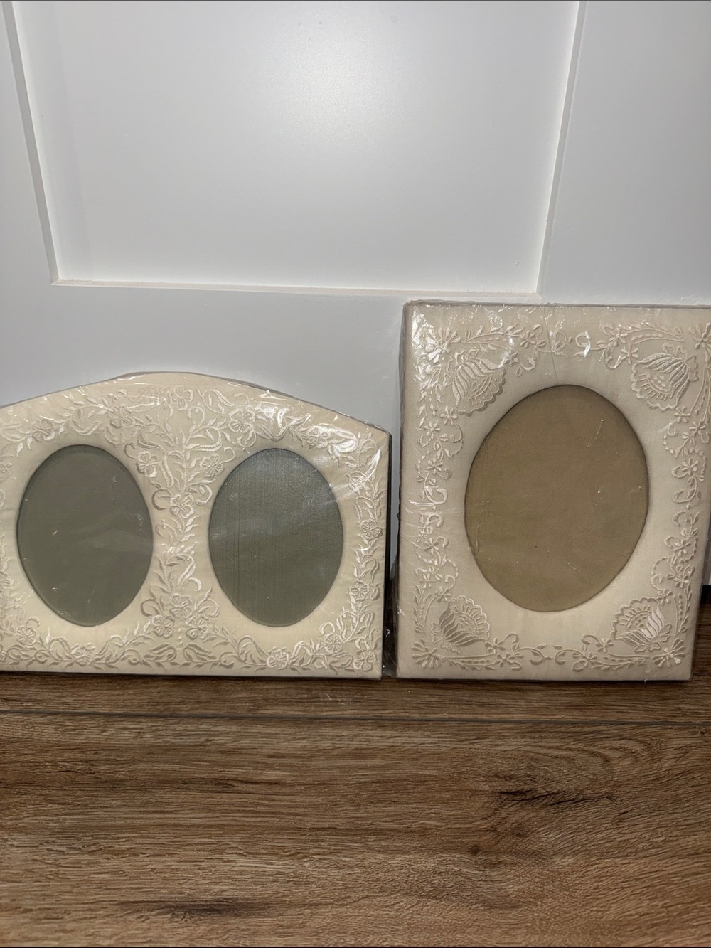 Cream Decorative Fabric Embossed Oval Photo Frames. Embroidered fabric.